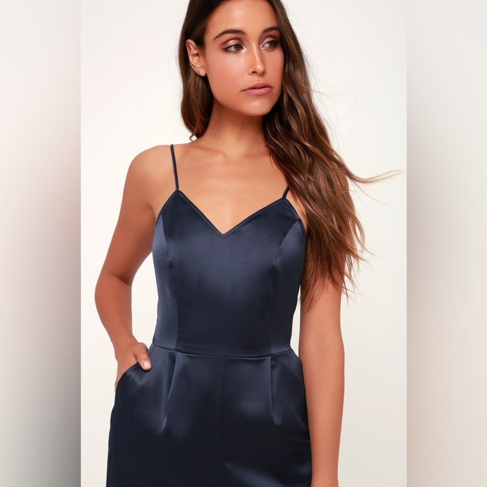Lulus Touch of Heaven Navy Blue Satin Sleeveless Jumpsuit NWT Size M